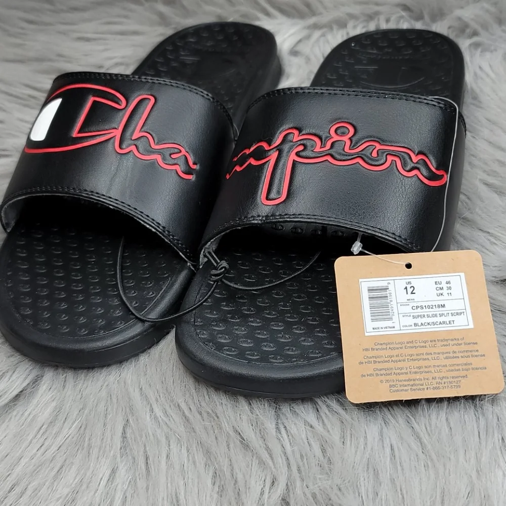 Champion Super Slide Split Script Logo Black Red Sandals